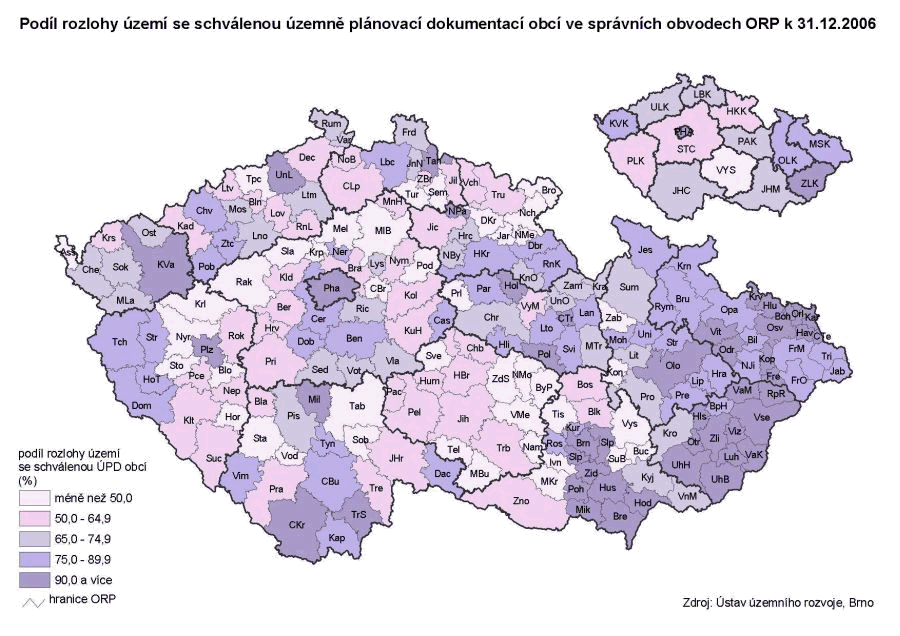 Kartogram 17 Podíl rozlohy území se schválenou územně plánovací dokumentací obcí ve správních obvodech ORP k 31. 12. 2006